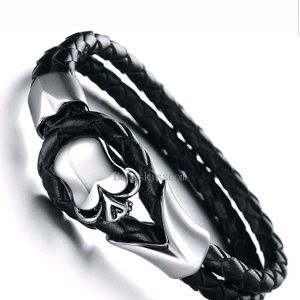 NWOT Black Braided Leather Skull Bracelet